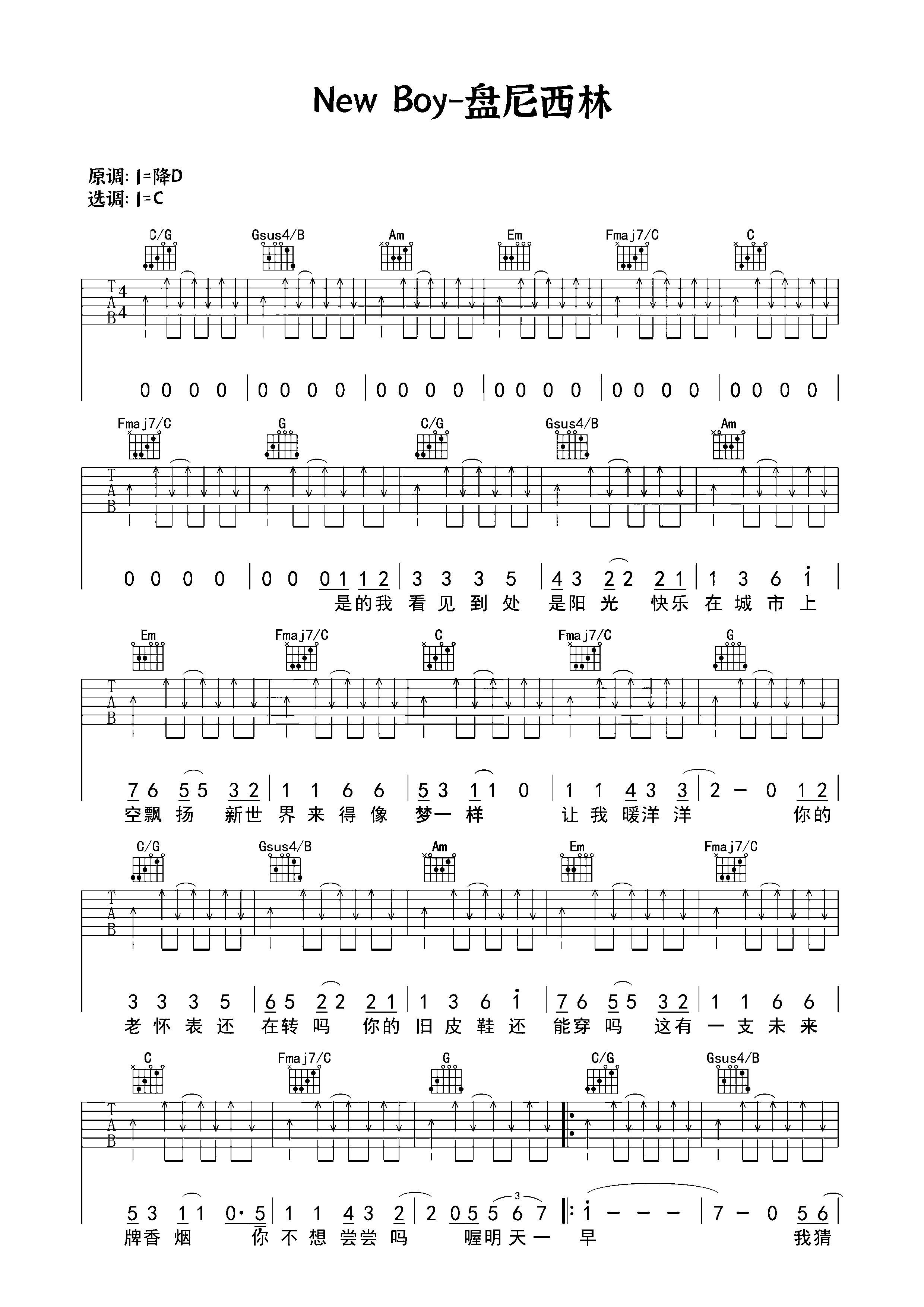 newboy_吉他谱__盘尼西林演唱原版newboyc调弹唱谱_5guitar.
